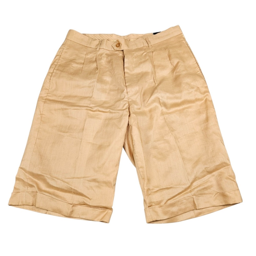 Daniel Ellissa Mens Shorts Sz 36 Linen Pleated Cuffed Dress Honey Gold NEW
